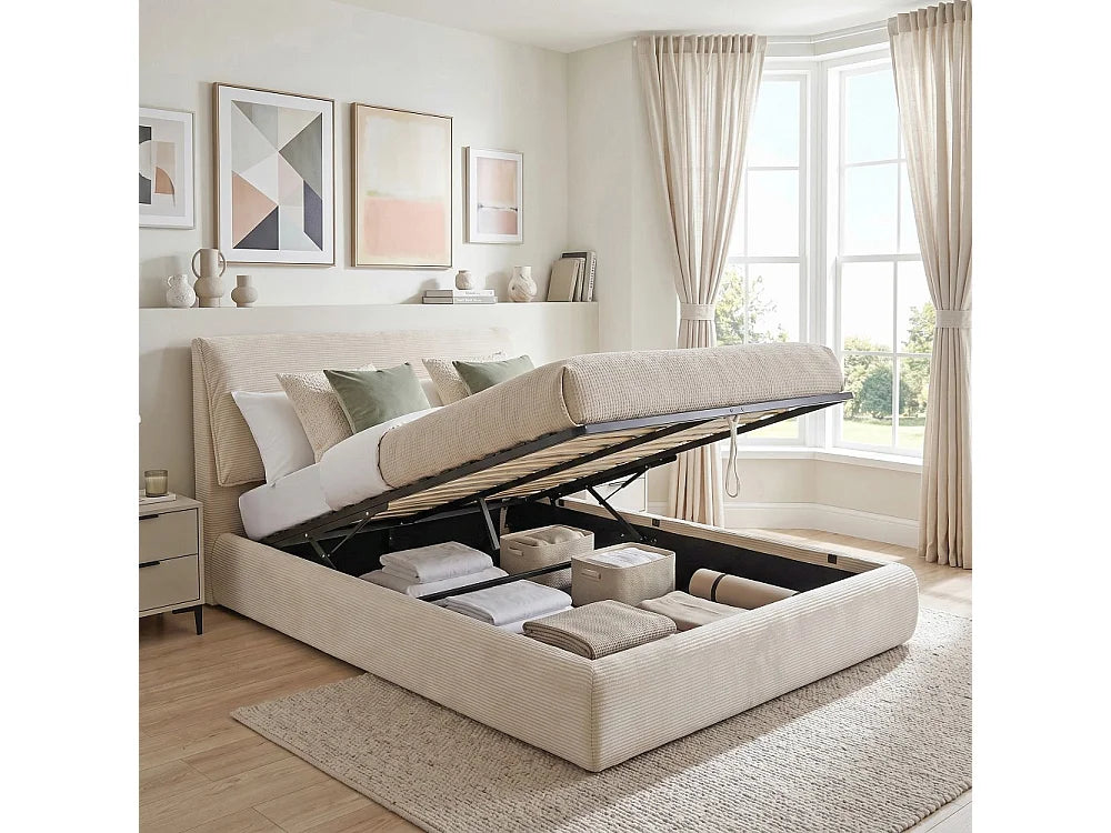 Lit Coffre 140x190 Tissu Beige avec Matelas
