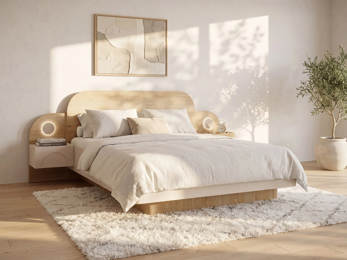 Lit Coffre 160x200 Bois Beige avec Chevets, LED et Tiroirs - DARTAGNO
