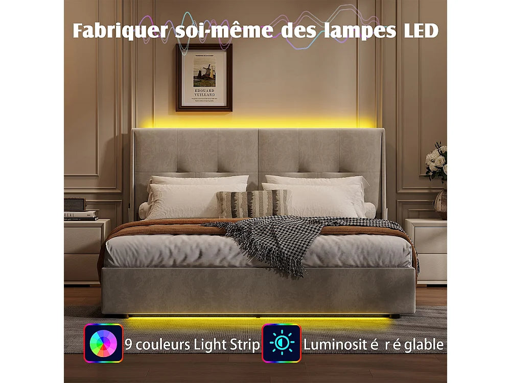 Lit Coffre 140x200 Velours Beige avec LED — vue 4