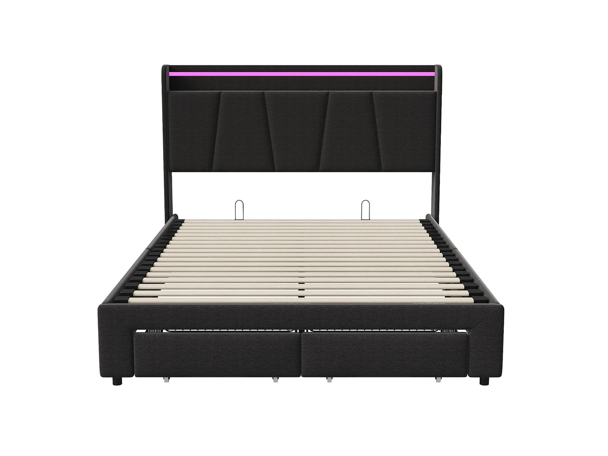 Lit Coffre 140x190 Tissu Lin Gris avec LED, Tiroirs et Port USB — vue 6