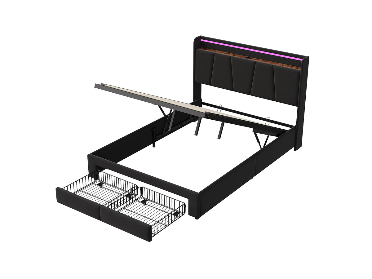 Lit Coffre 140x190 Tissu Lin Gris avec LED, Tiroirs et Port USB — vue 7