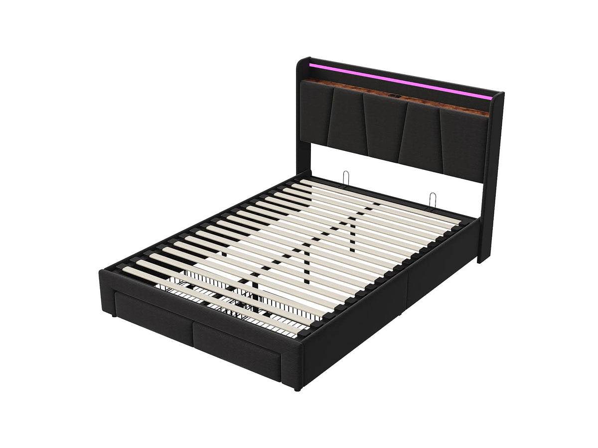 Lit Coffre 140x190 Tissu Lin Gris avec LED, Tiroirs et Port USB — vue 8
