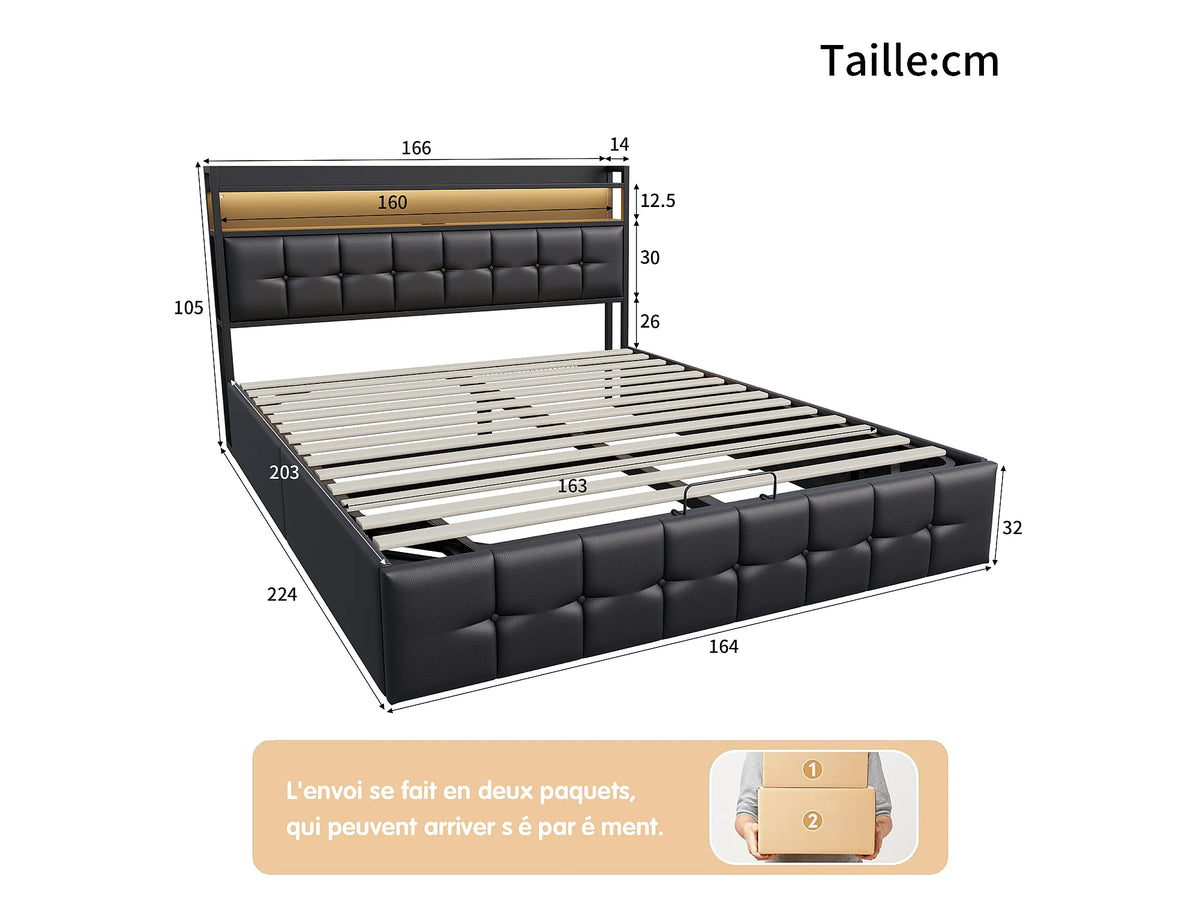 Lit Coffre 160x200 Simili Cuir Noir avec LED et Port USB — vue 11