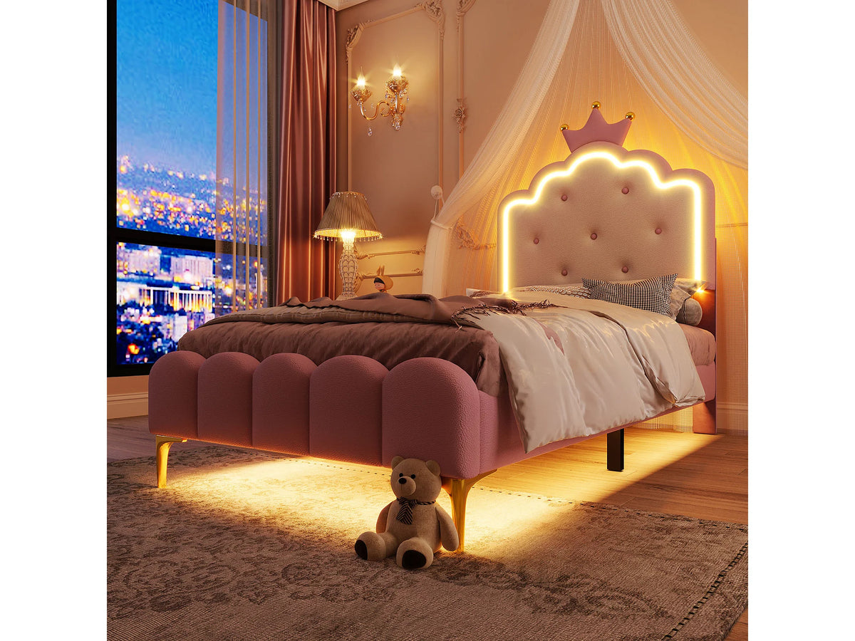 Lit Coffre 90x200 Simili Cuir Rose Capitonné avec LED