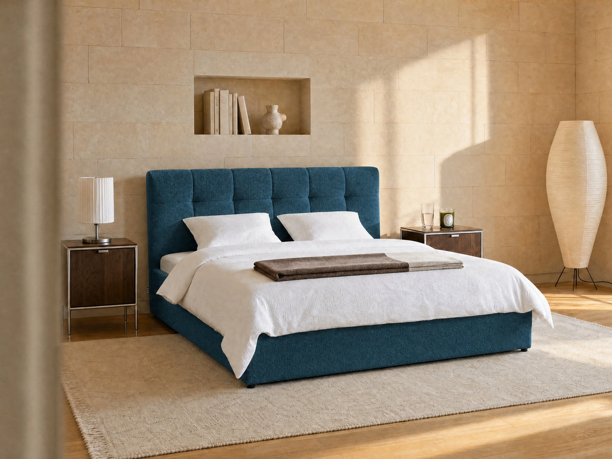 Lit Coffre 140x190 Tissu Bouclette Bleu canard - MAZIRI — vue 2