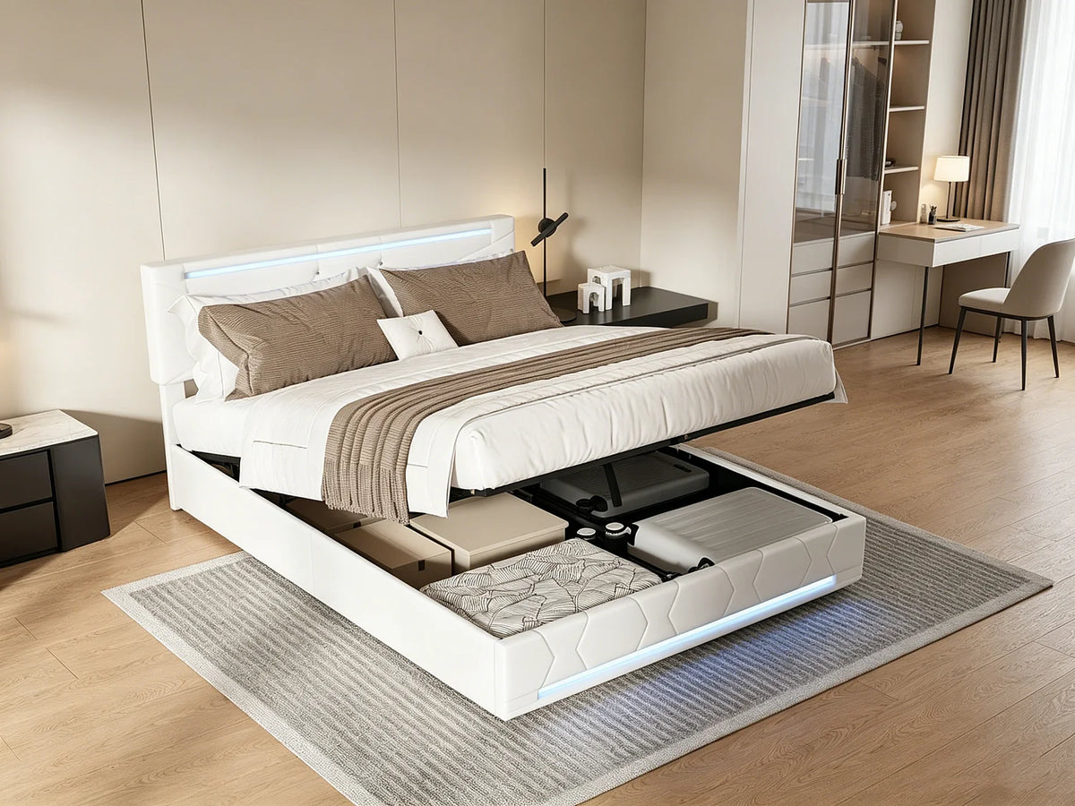 Lit Coffre 140x190 Tissu Lin Blanc cassé avec LED et Port USB — vue 8