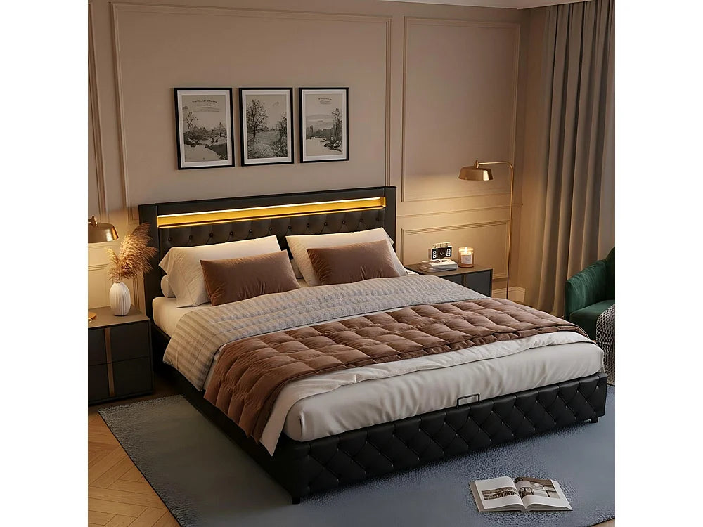 Lit Coffre 140x190 Simili Cuir Noir avec LED