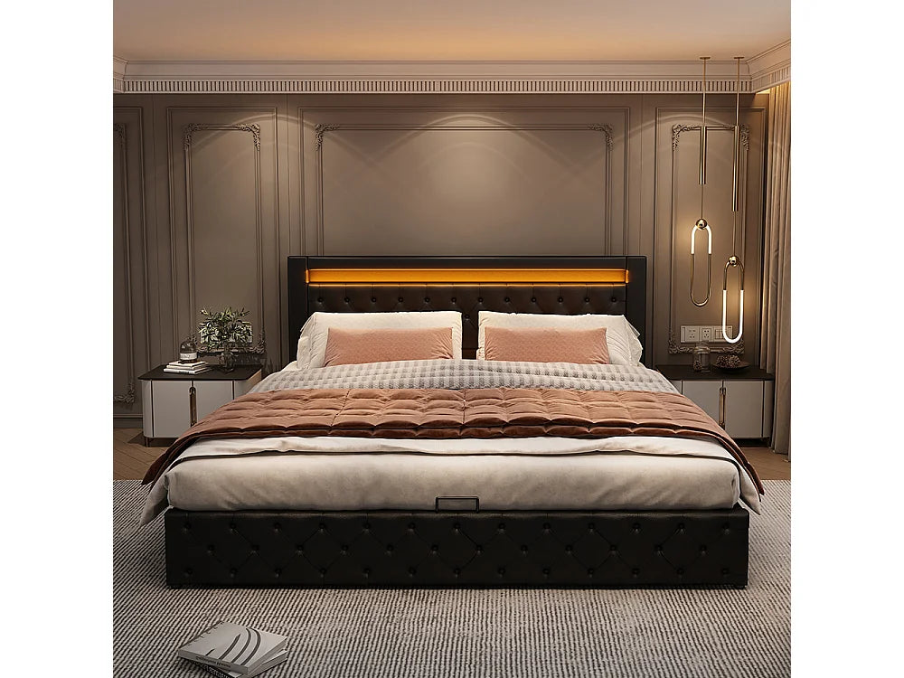 Lit Coffre 140x190 Simili Cuir Noir avec LED — vue 2