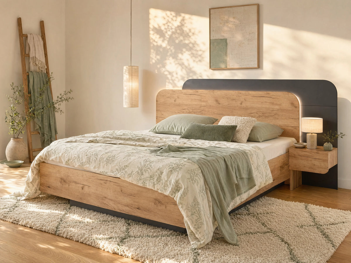 Lit Coffre 160x200 Bois Naturel clair avec Chevets, LED et Tiroirs - DESADO