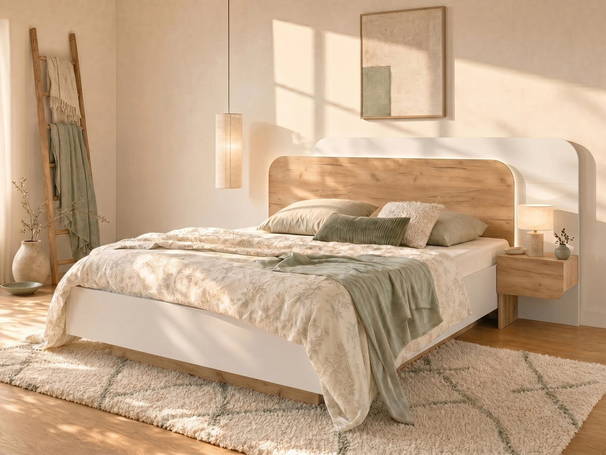 Lit Coffre 160x200 Bois Blanc avec Chevets, LED et Tiroirs - DESADO