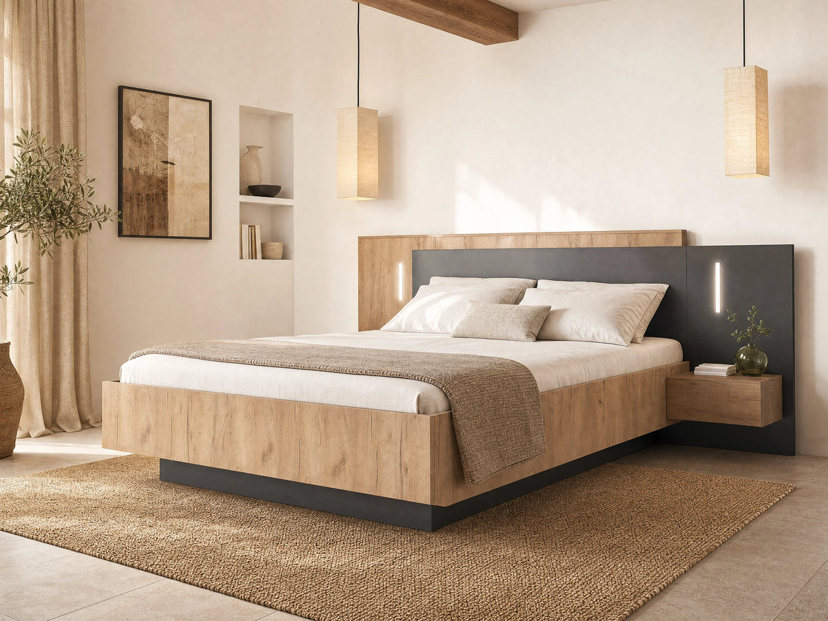 Lit Coffre 140x190 Bois Naturel clair avec Chevets, Matelas, LED et Tiroirs - FRANCOLI