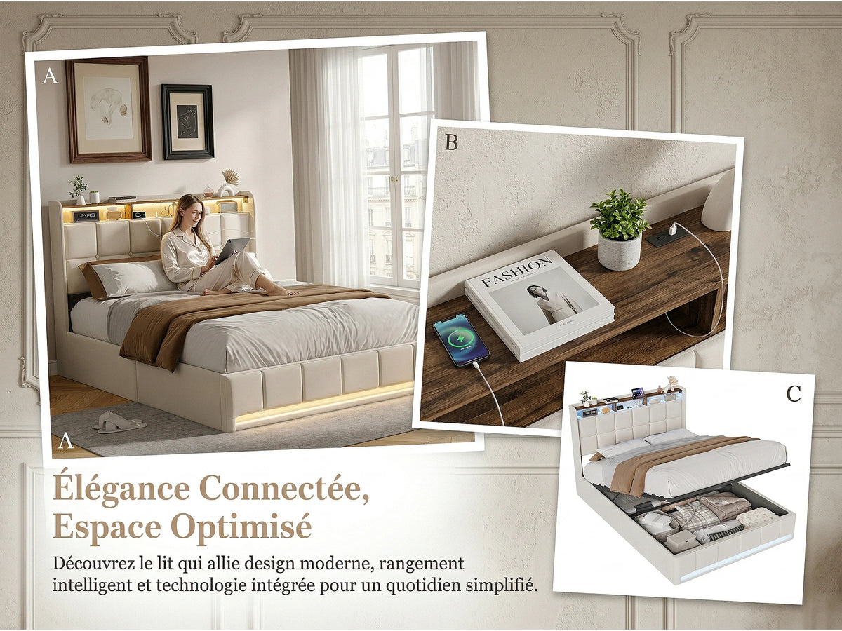 Lit Coffre 140x190 Bois Beige avec LED et Port USB — vue 4