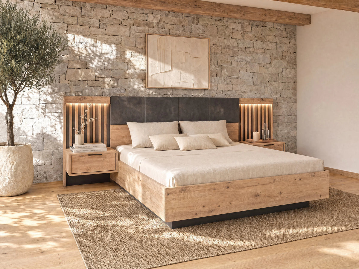 Lit Coffre 160x200 Bois Naturel clair avec Chevets, LED et Tiroirs - ARIADA