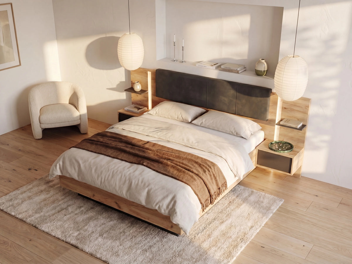 Lit Coffre 160x200 Bois Naturel clair avec Chevets, LED et Tiroirs - ELYNIA
