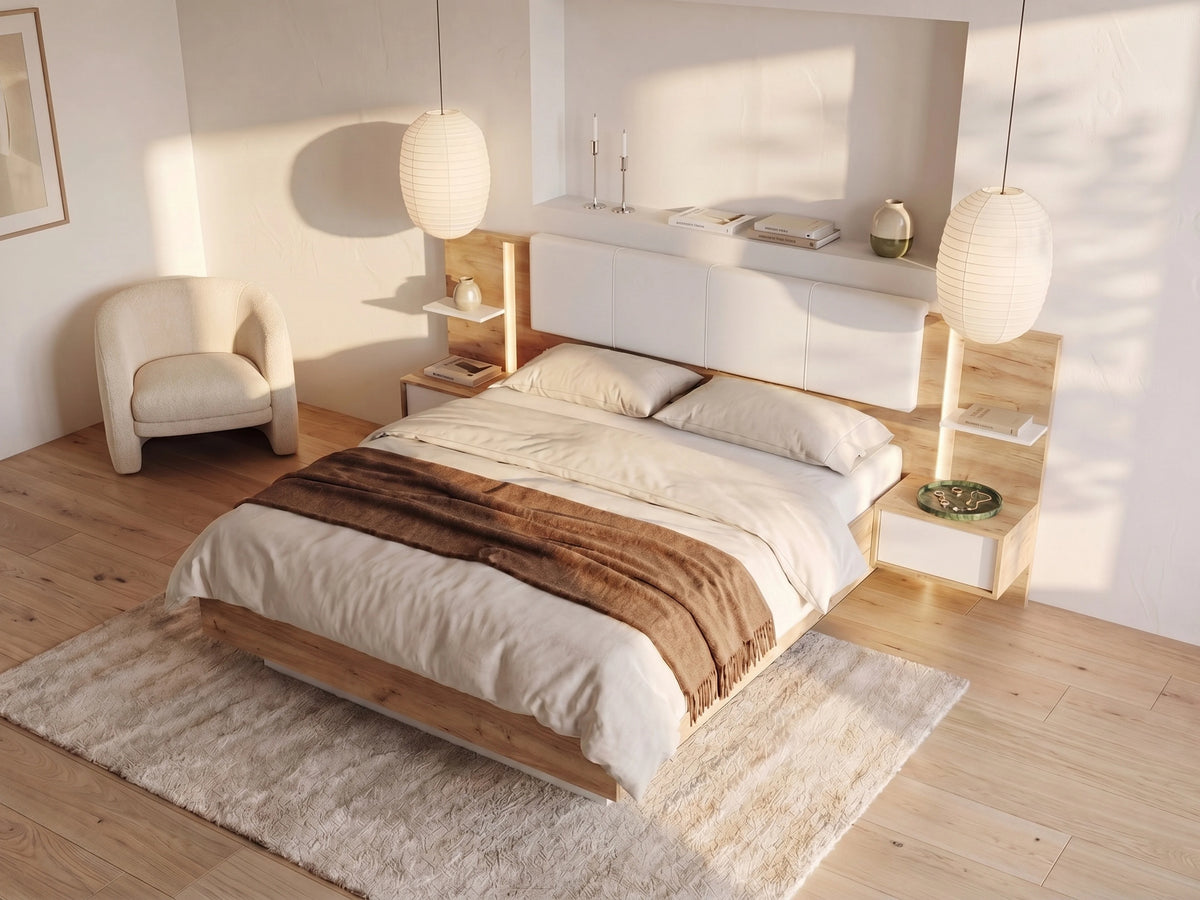 Lit Coffre 160x200 Velours Côtelé Blanc avec Chevets, LED et Tiroirs - ELYNIA