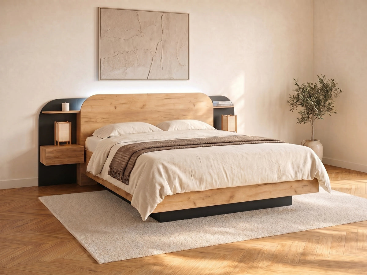 Lit Coffre 160x200 Bois Naturel clair avec Chevets, LED et Tiroirs - JUVISIA