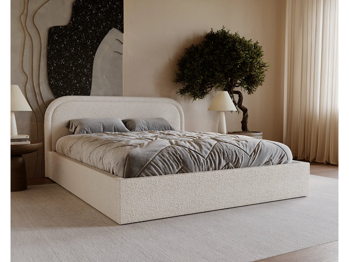 Lit Coffre 200x200 Tissu Bouclette Crème