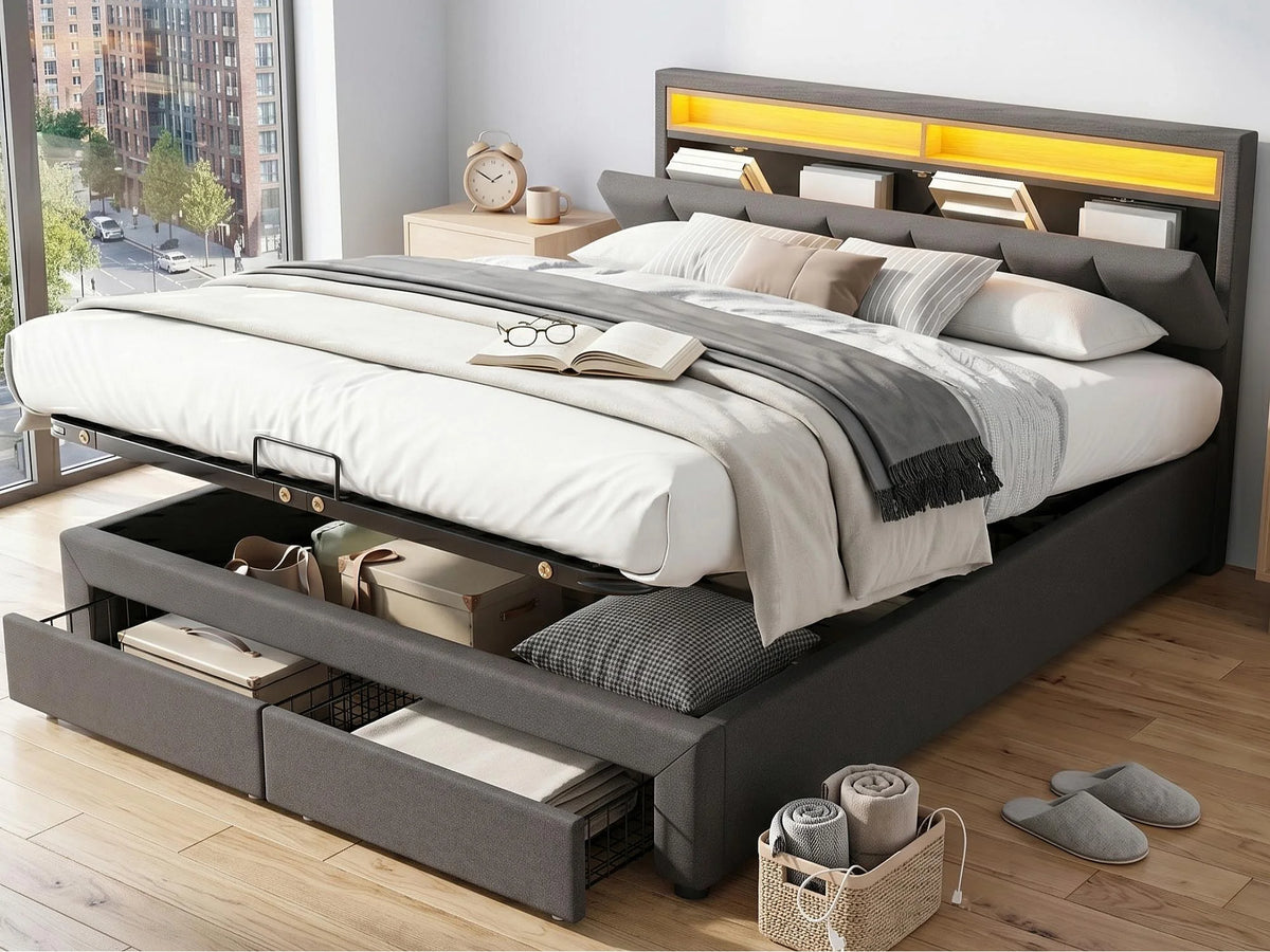 Lit Coffre 180x200 Tissu Lin Gris avec LED et Tiroirs