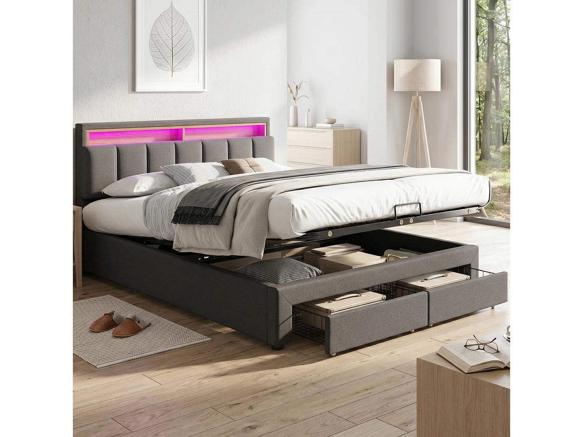 Lit Coffre 180x200 Tissu Lin Gris avec LED et Tiroirs — vue 2