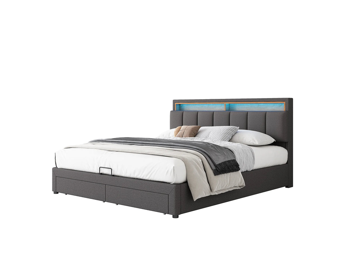 Lit Coffre 180x200 Tissu Lin Gris avec LED et Tiroirs — vue 3