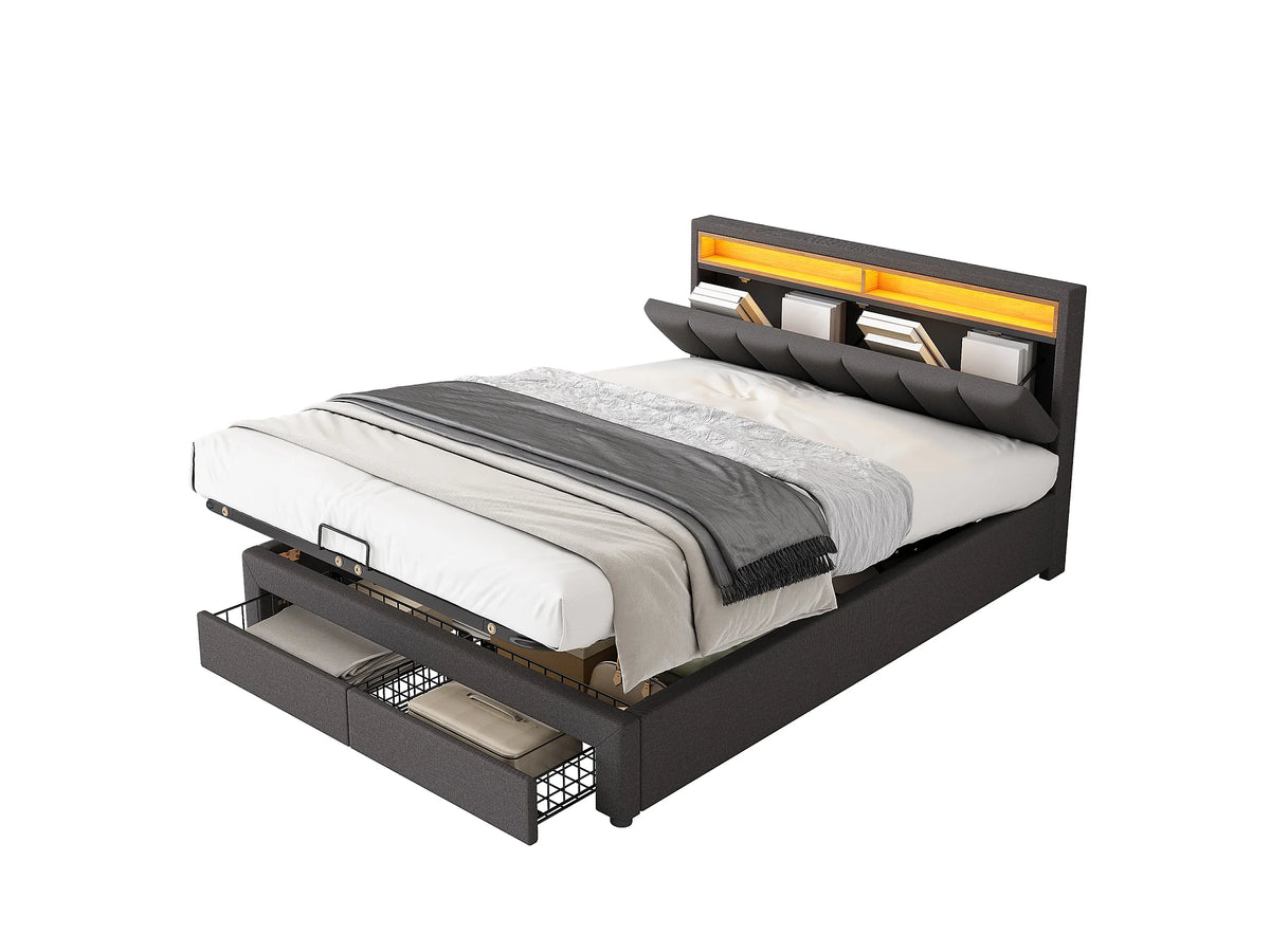 Lit Coffre 180x200 Tissu Lin Gris avec LED et Tiroirs — vue 4