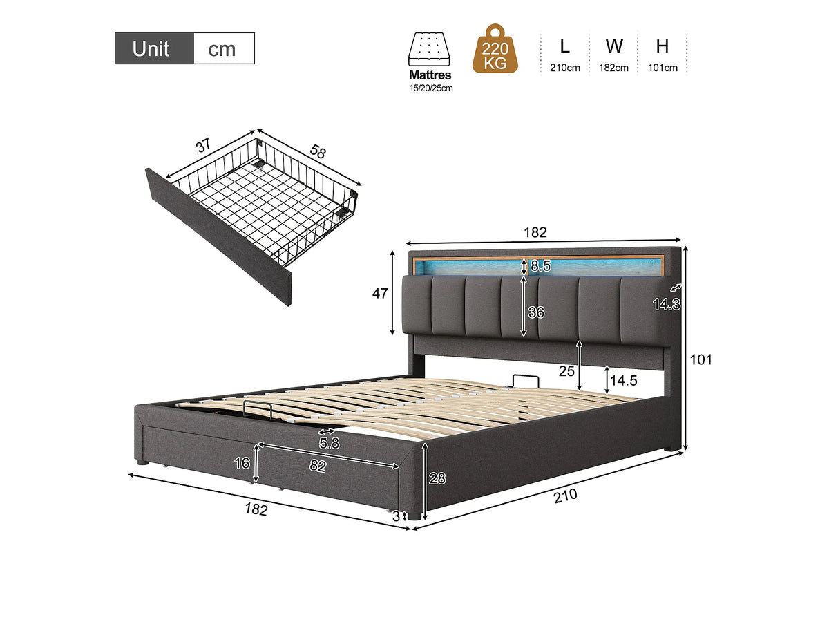 Lit Coffre 180x200 Tissu Lin Gris avec LED et Tiroirs — vue 5