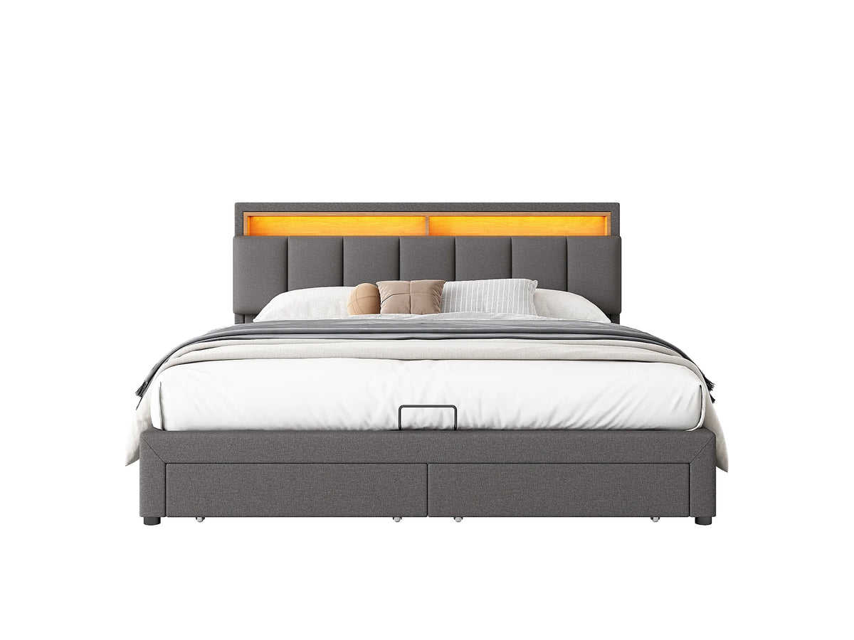 Lit Coffre 180x200 Tissu Lin Gris avec LED et Tiroirs — vue 6
