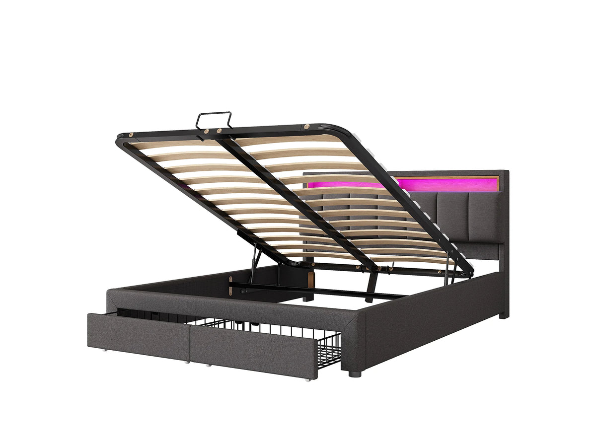 Lit Coffre 180x200 Tissu Lin Gris avec LED et Tiroirs — vue 8