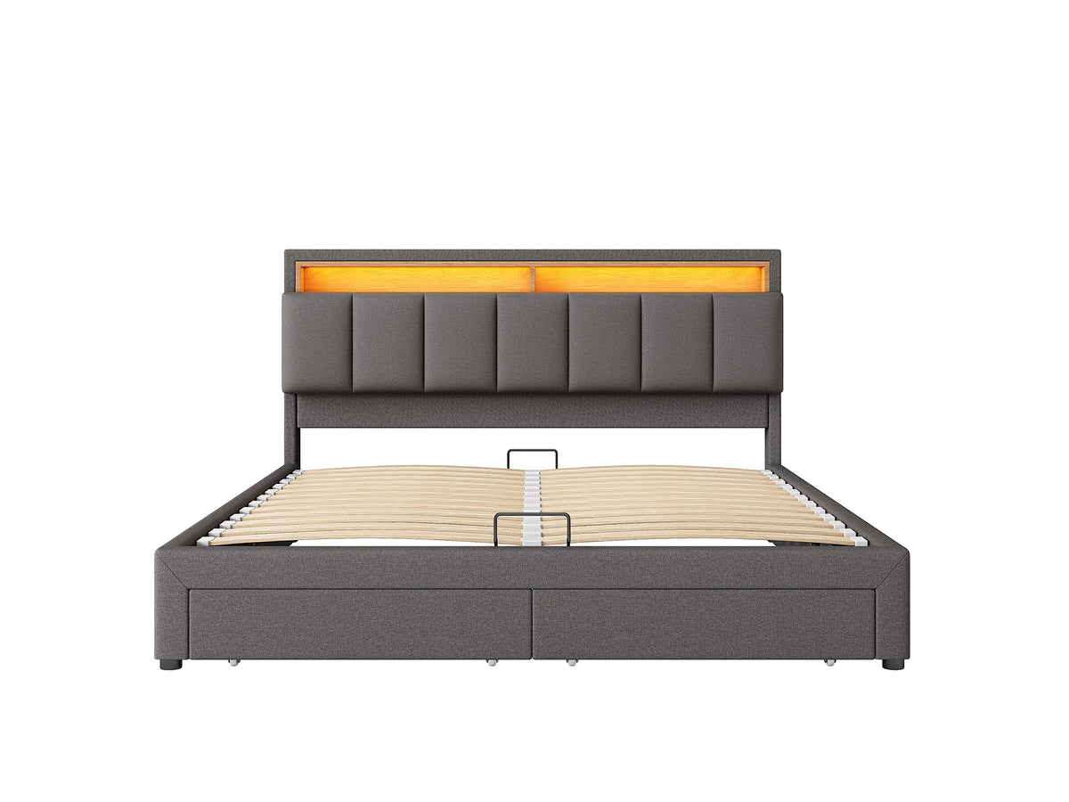 Lit Coffre 180x200 Tissu Lin Gris avec LED et Tiroirs — vue 9