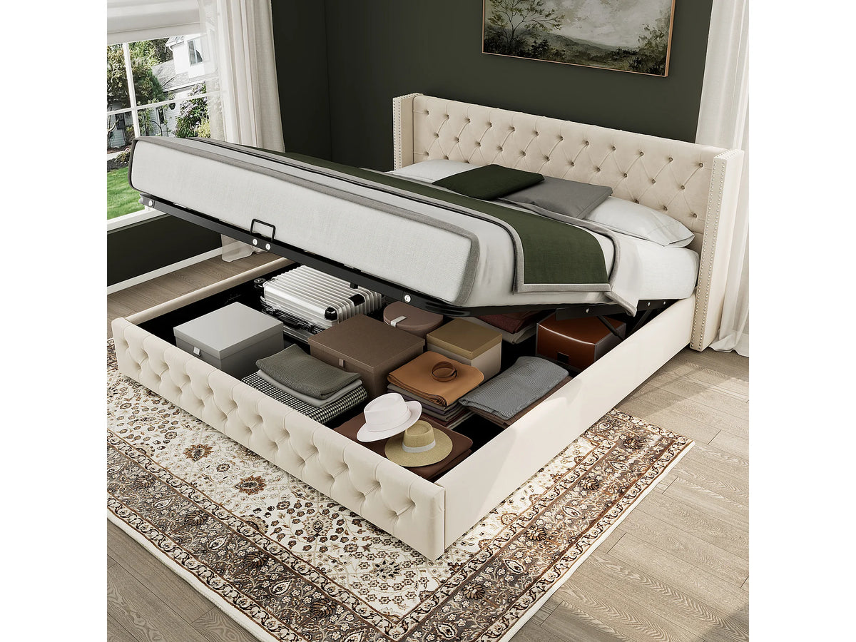 Lit Coffre 160x200 Velours Beige avec Matelas — vue 2