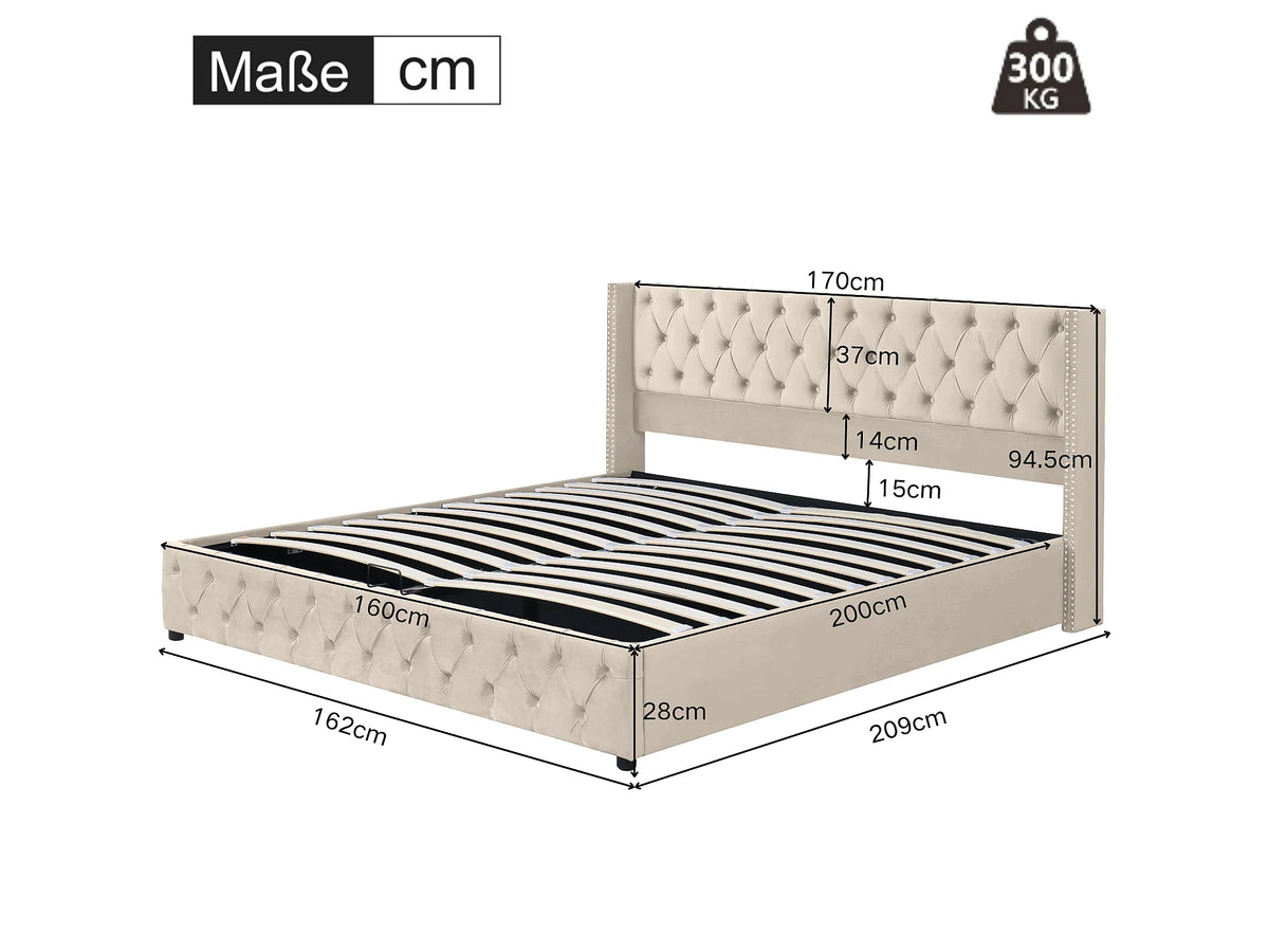 Lit Coffre 160x200 Velours Beige avec Matelas — vue 7