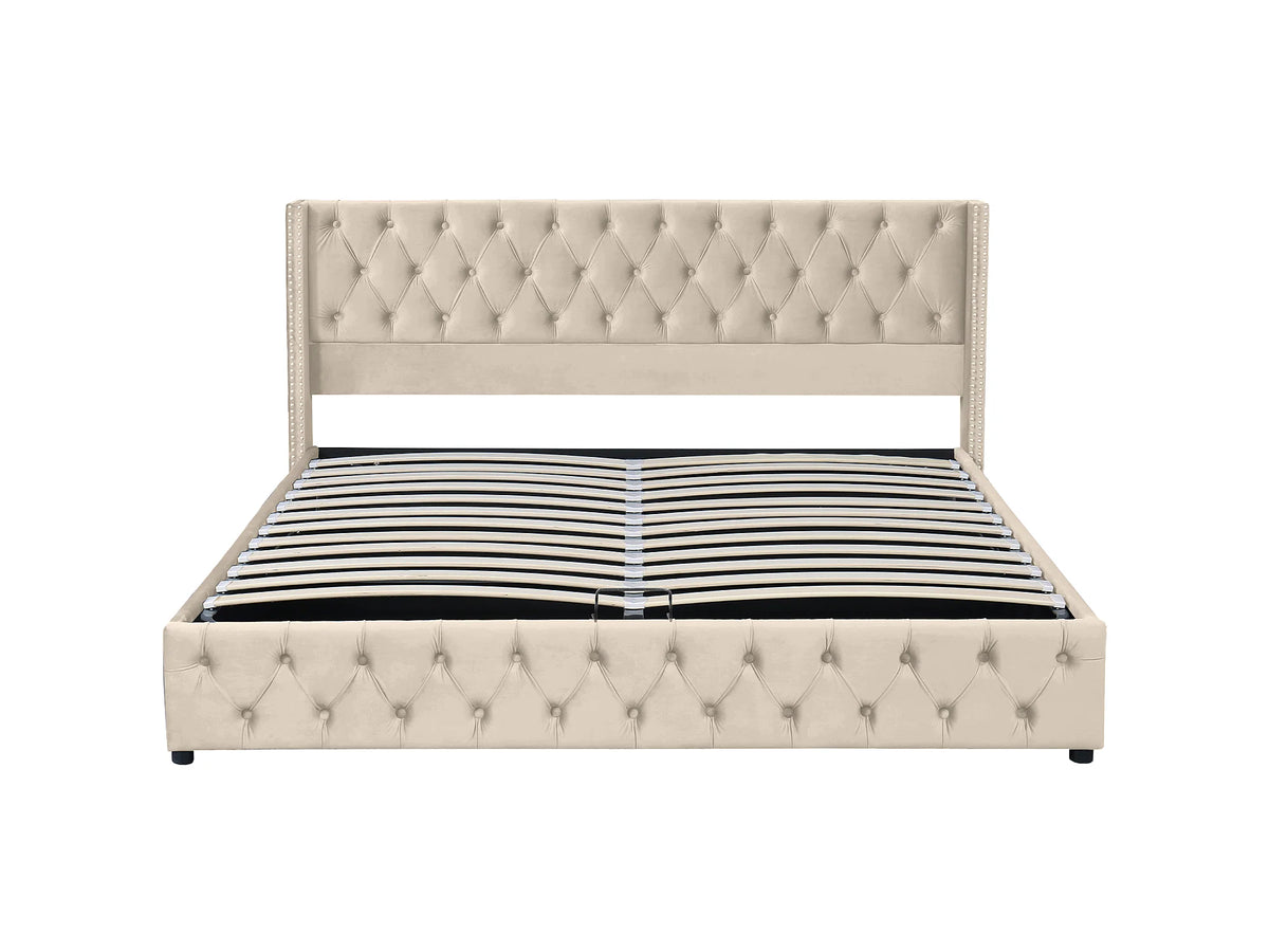 Lit Coffre 160x200 Velours Beige avec Matelas — vue 5