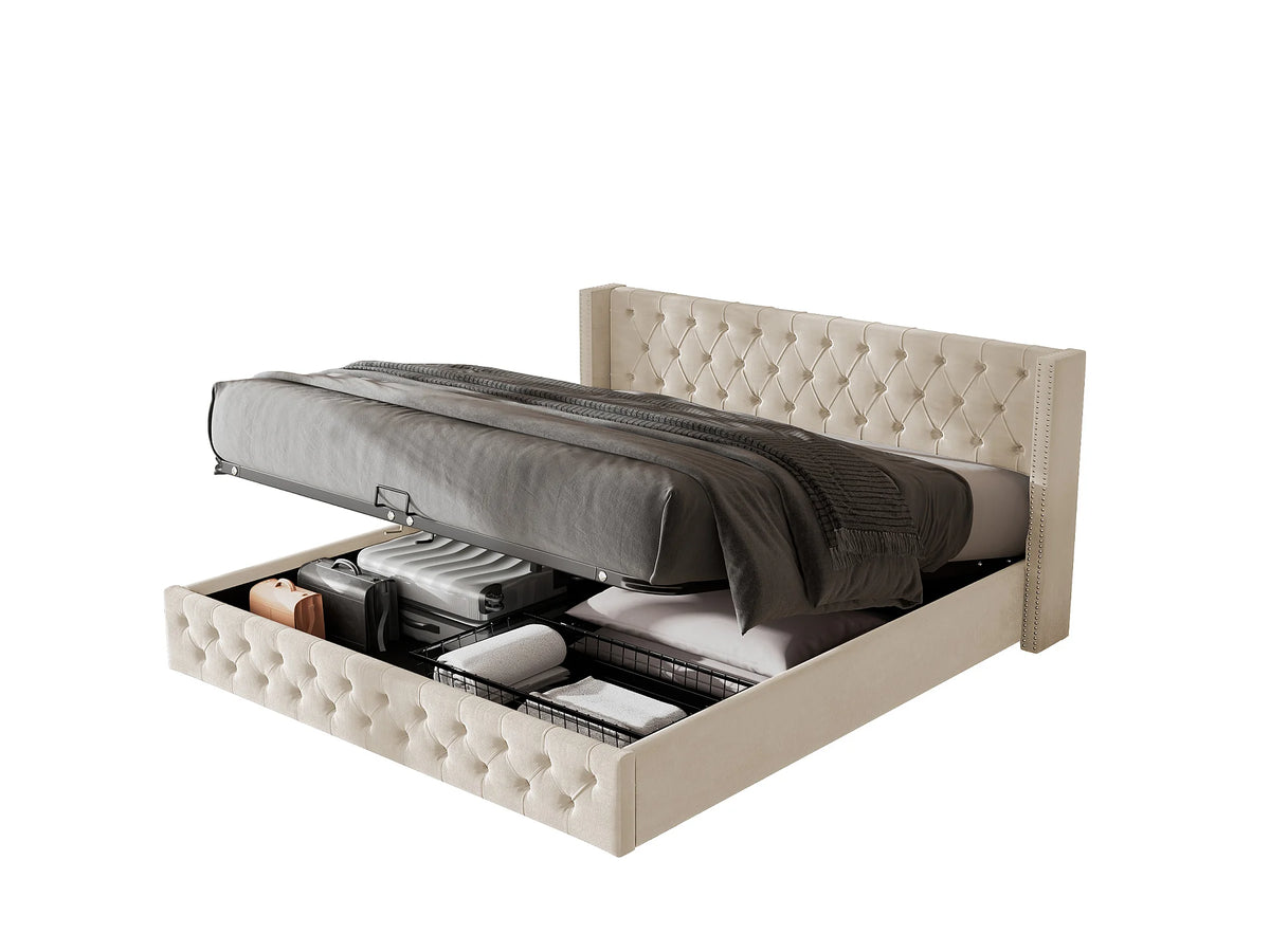 Lit Coffre 160x200 Velours Beige avec Matelas — vue 6