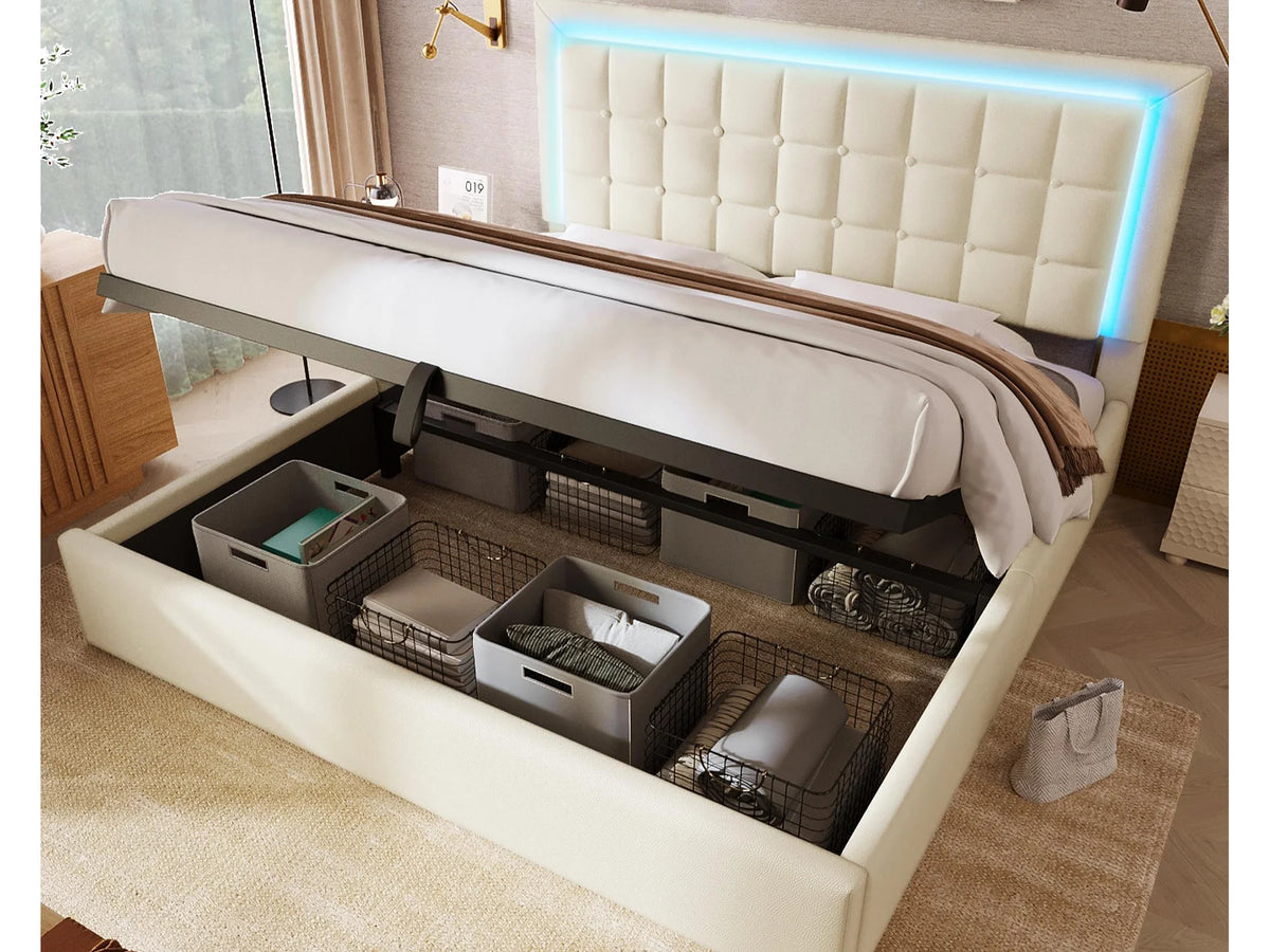Lit Coffre 140x200 Simili Cuir Blanc avec LED