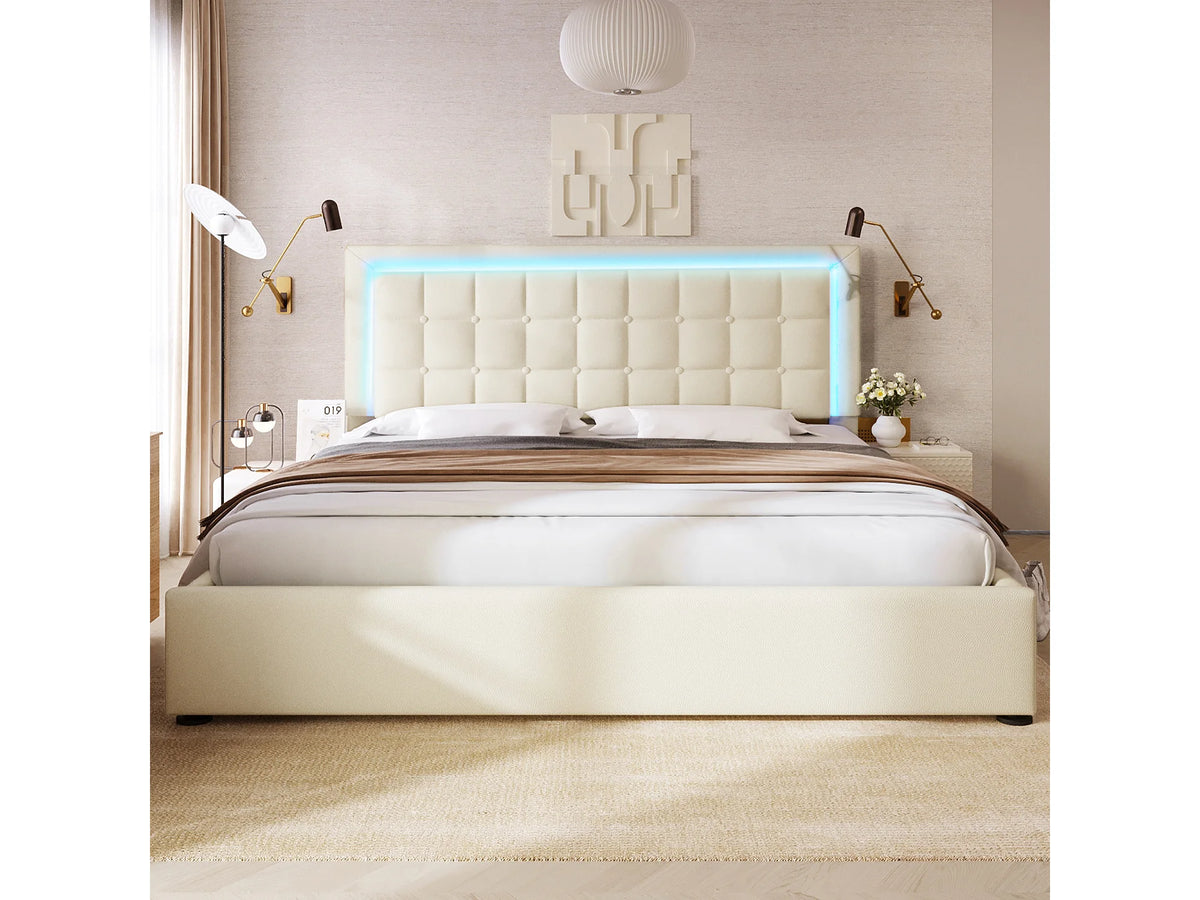 Lit Coffre 140x200 Simili Cuir Blanc avec LED — vue 2