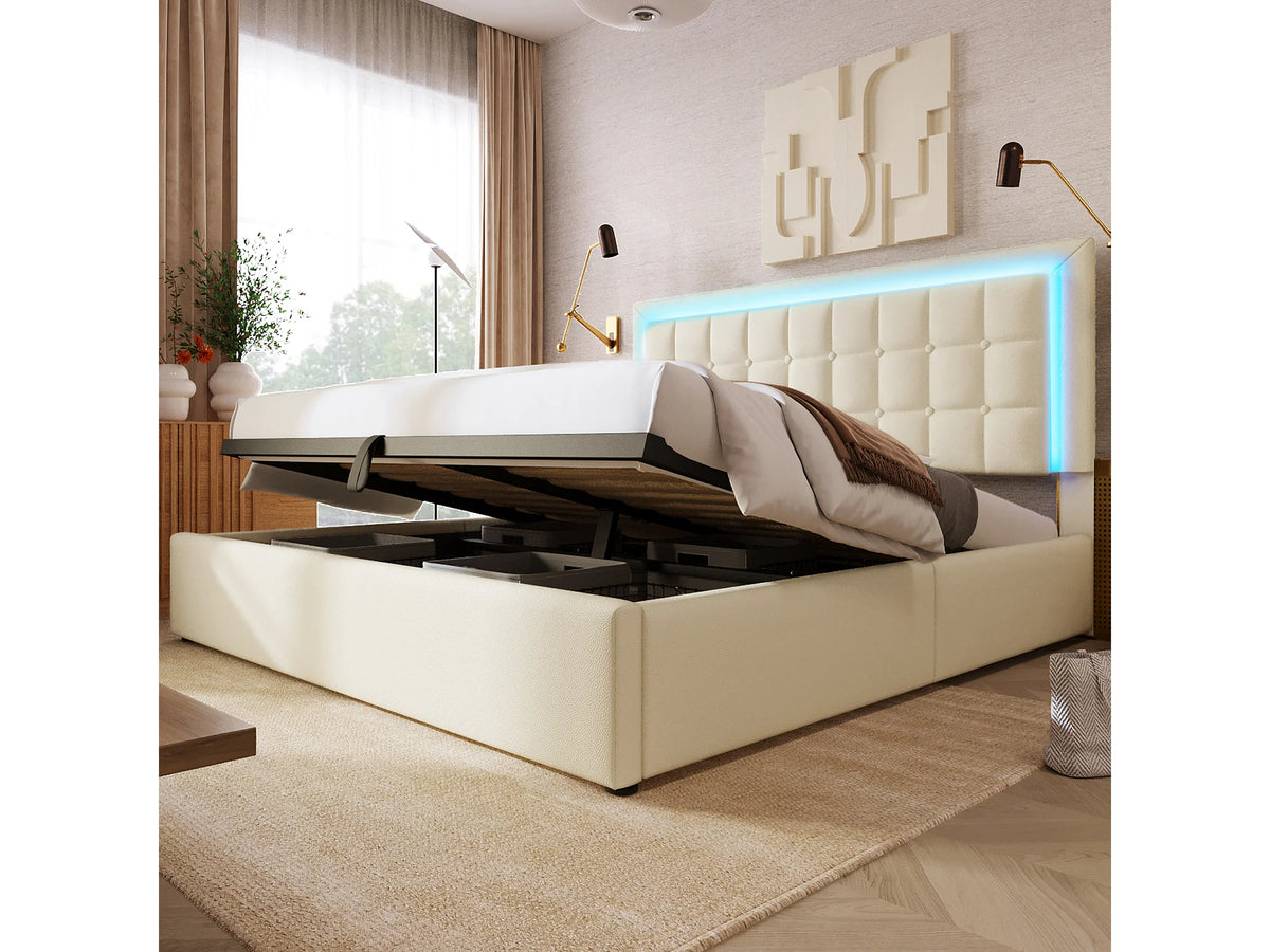 Lit Coffre 140x200 Simili Cuir Blanc avec LED — vue 3