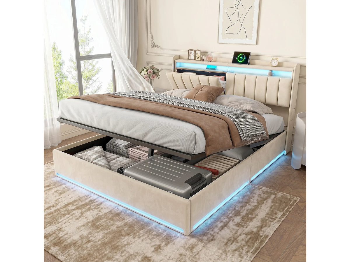 Lit Coffre 140x190 Velours Gris Capitonné avec LED et Port USB