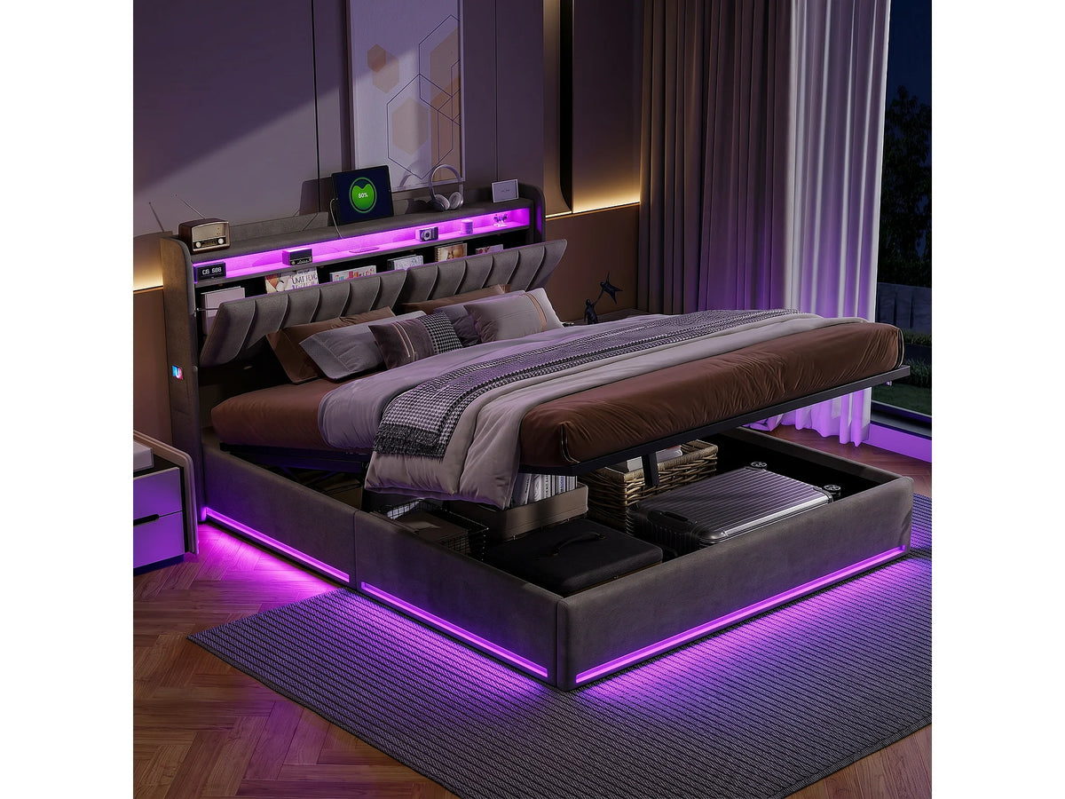 Lit Coffre 140x190 Velours Gris Capitonné avec LED et Port USB — vue 5