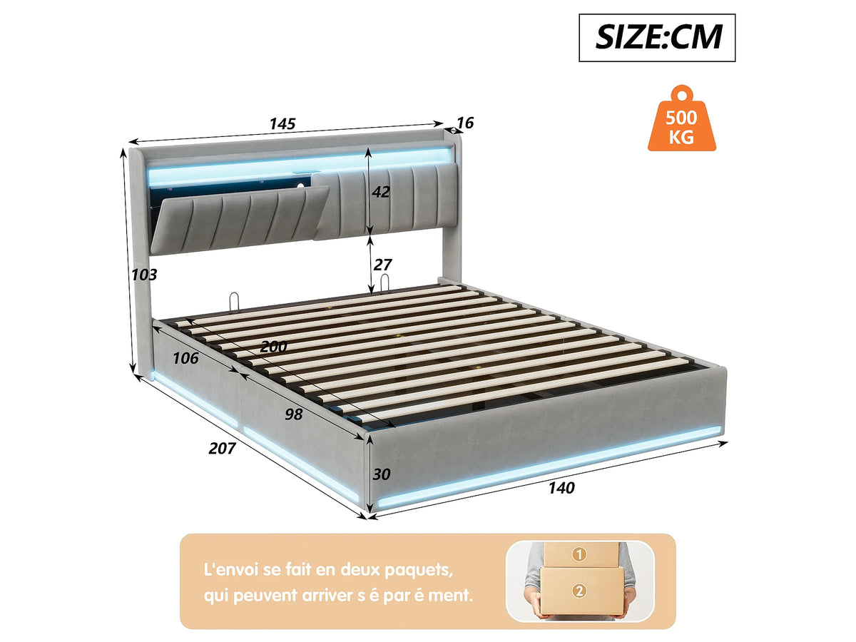 Lit Coffre 140x190 Velours Gris Capitonné avec LED et Port USB — vue 6
