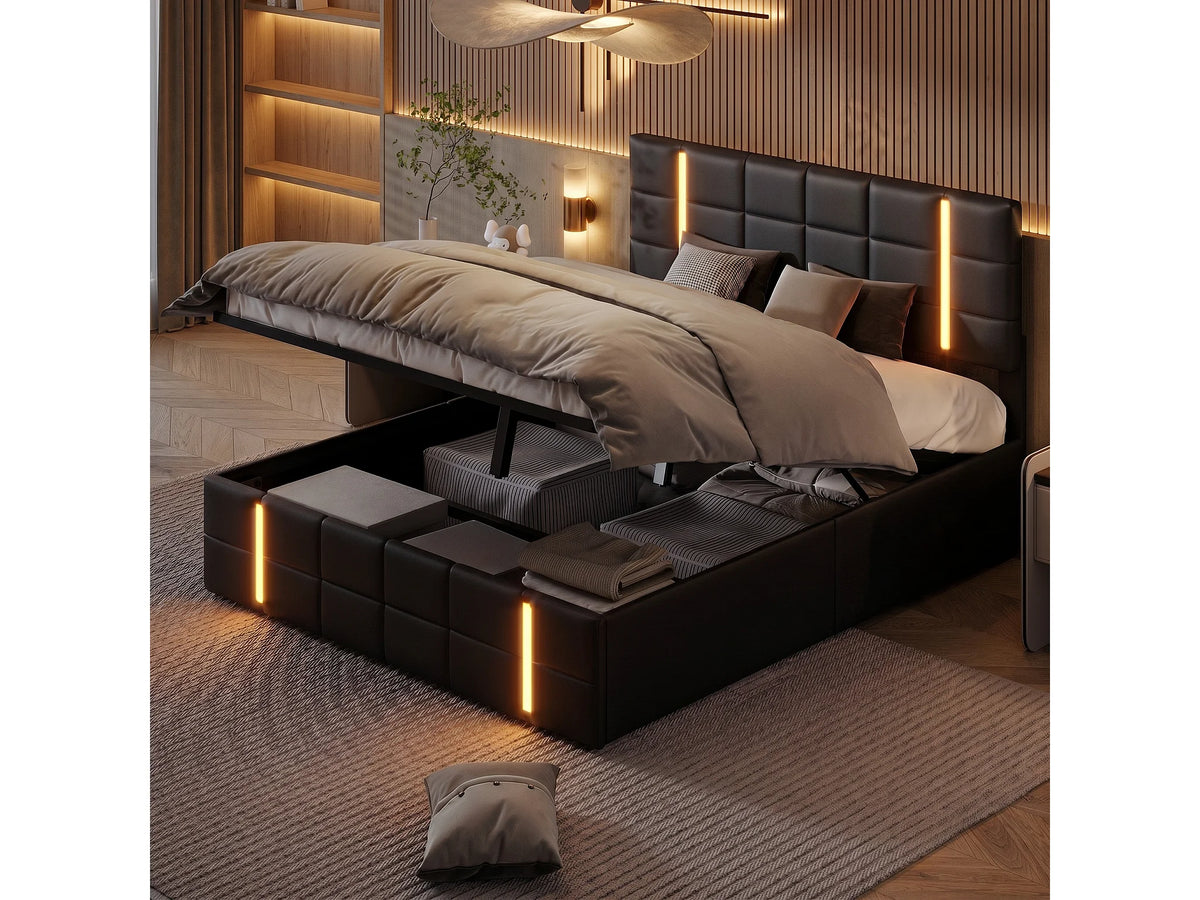 Lit Coffre 160x200 Simili Cuir Noir Capitonné avec LED et Port USB