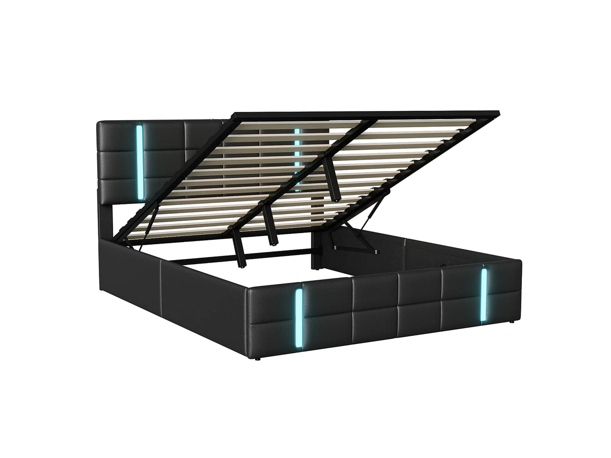 Lit Coffre 160x200 Simili Cuir Noir Capitonné avec LED et Port USB — vue 4