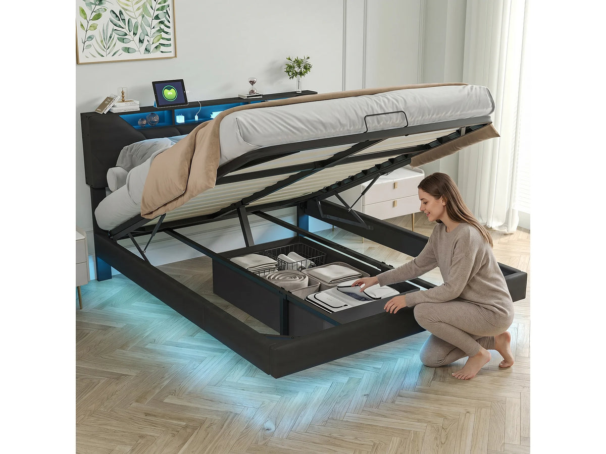 Lit Coffre 160x200 Simili Cuir Noir avec LED — vue 2