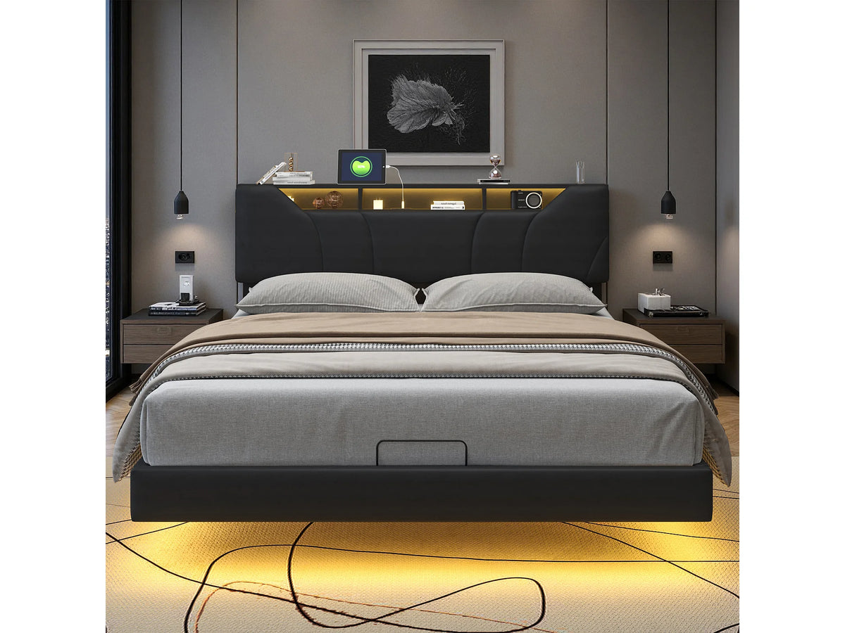 Lit Coffre 160x200 Simili Cuir Noir avec LED — vue 4