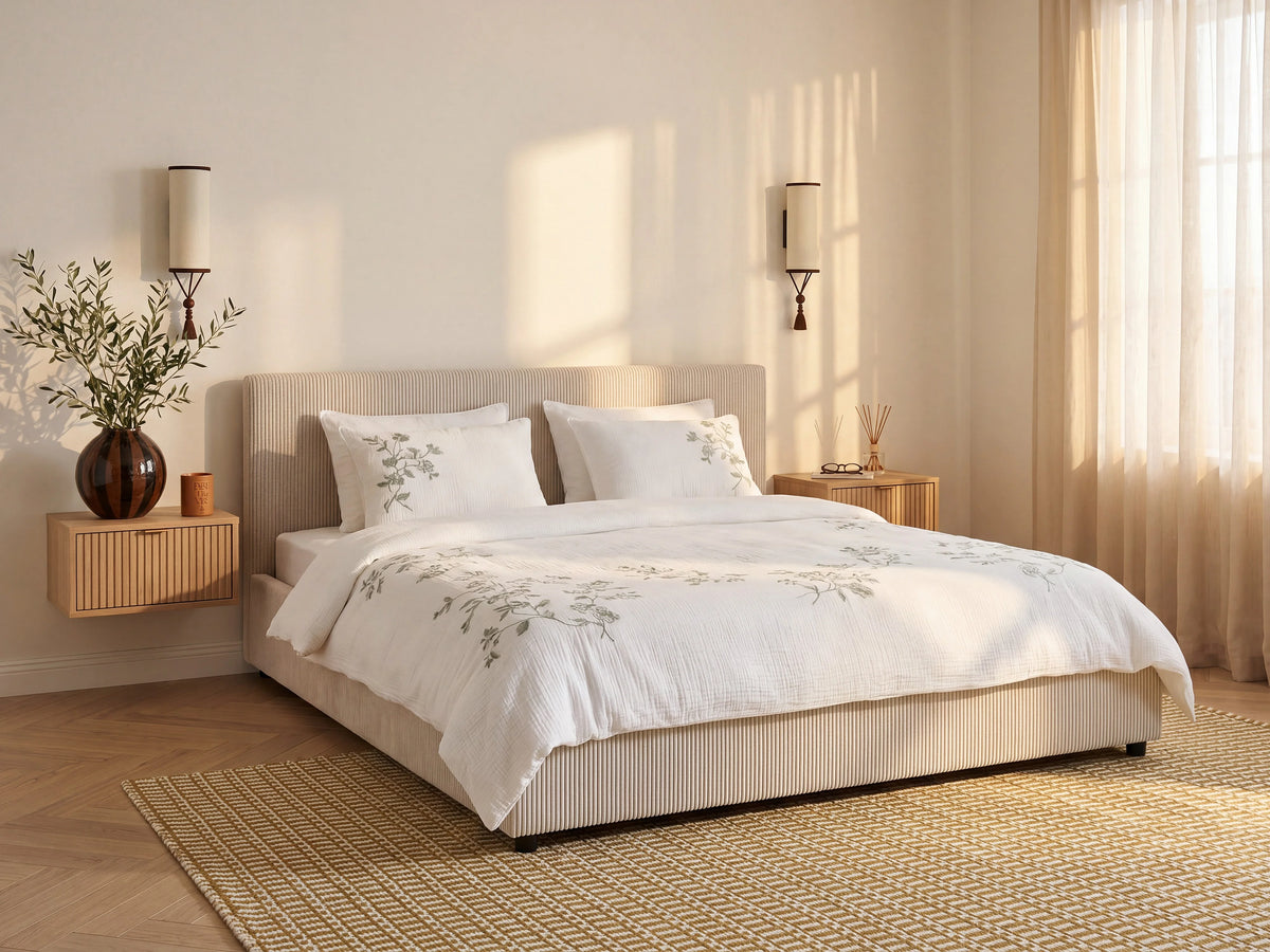 Lit Coffre 200x200 Velours Côtelé Crème - VALME