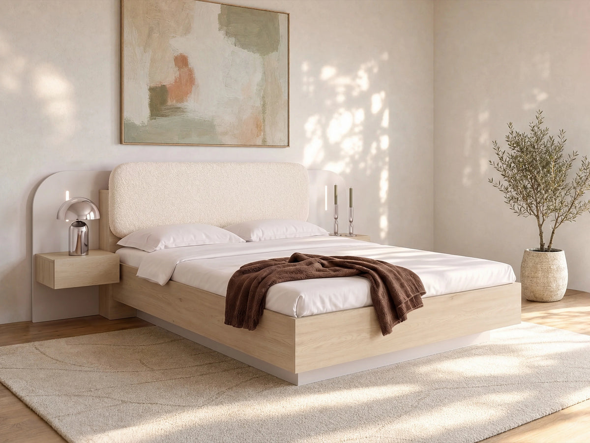 Lit Coffre 160x200 Bois Beige avec Chevets, LED et Tiroirs - LYORIMA