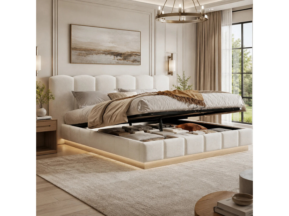 Lit Coffre 180x200 Tissu Bouclette Blanc Capitonné avec LED — vue 3