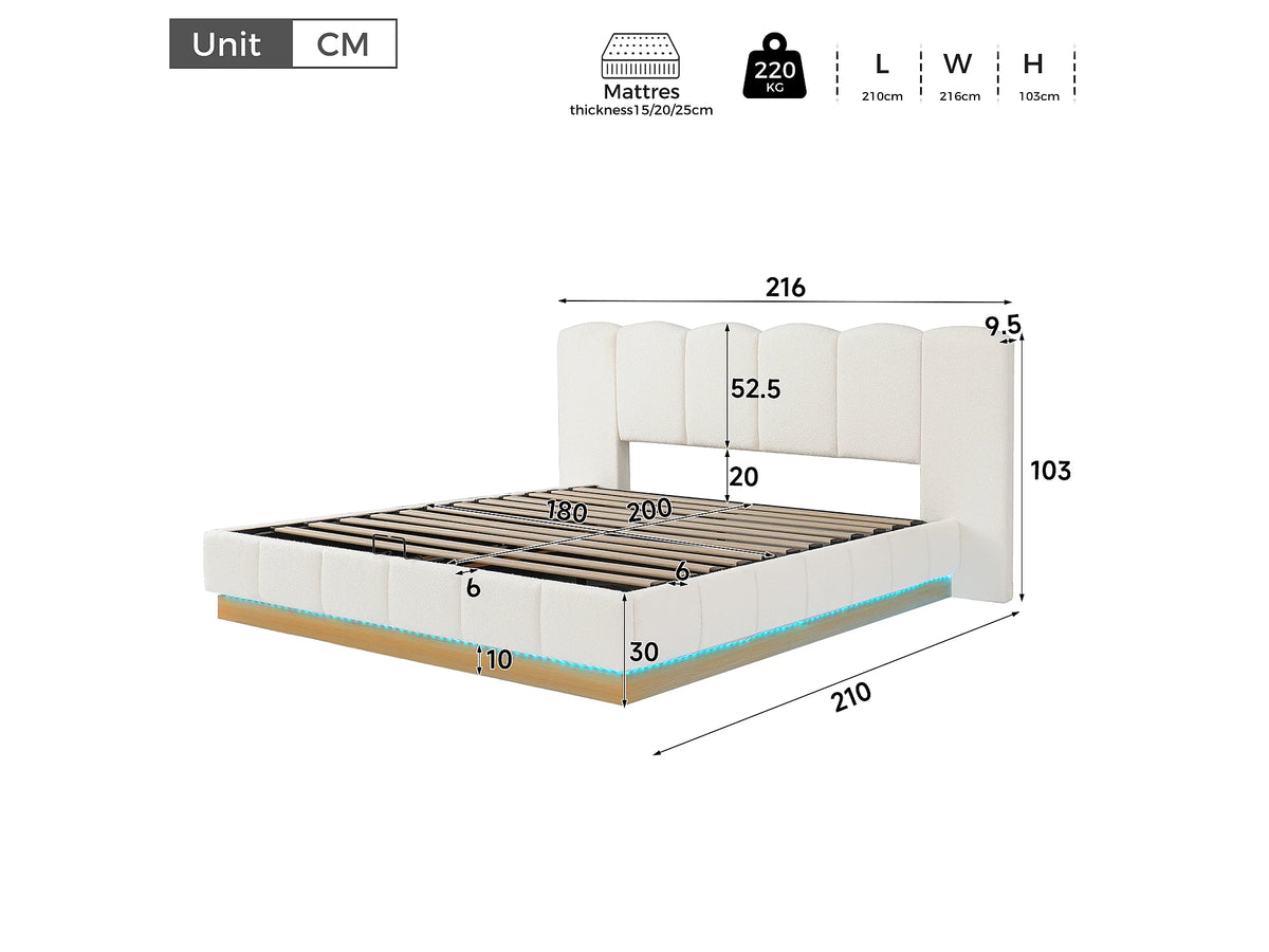 Lit Coffre 180x200 Tissu Bouclette Blanc Capitonné avec LED — vue 9