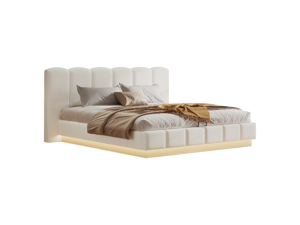 Lit Coffre 180x200 Tissu Bouclette Blanc Capitonné avec LED — vue 5