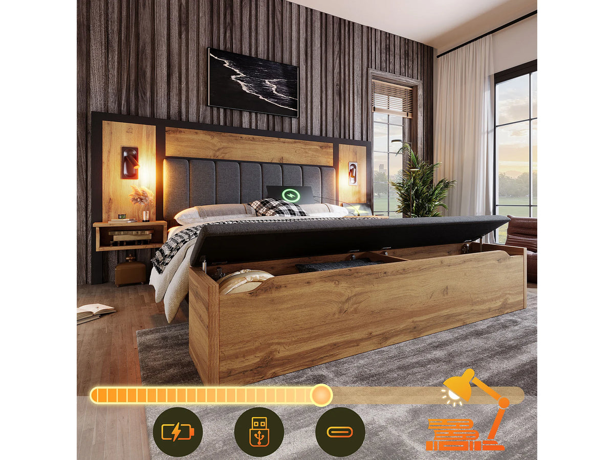 Lit Coffre 160x200 Tissu Lin Naturel foncé avec Chevets et Port USB