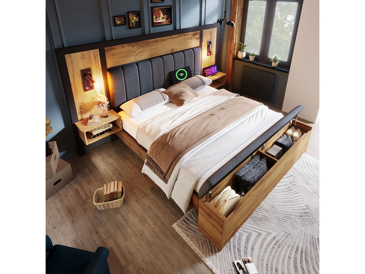Lit Coffre 160x200 Tissu Lin Naturel foncé avec Chevets et Port USB — vue 2